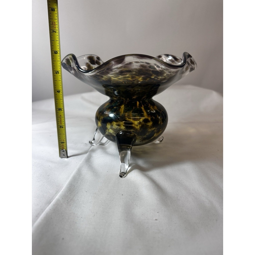 Murano Art Glass Amber, Yellow Tortoise Shell Ruffled 3 Footed Bowl Dish Signed - Picture 12 of 13
